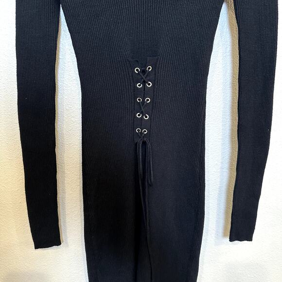 DEREK HEART Lace Up Rib Knit Bodycon Dress Size M Goth Edgy Moto Biker Grunge - Picture 4 of 11